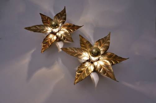 Brass flower wall lights, a pair by Massive, 1970`s ca, Belgian